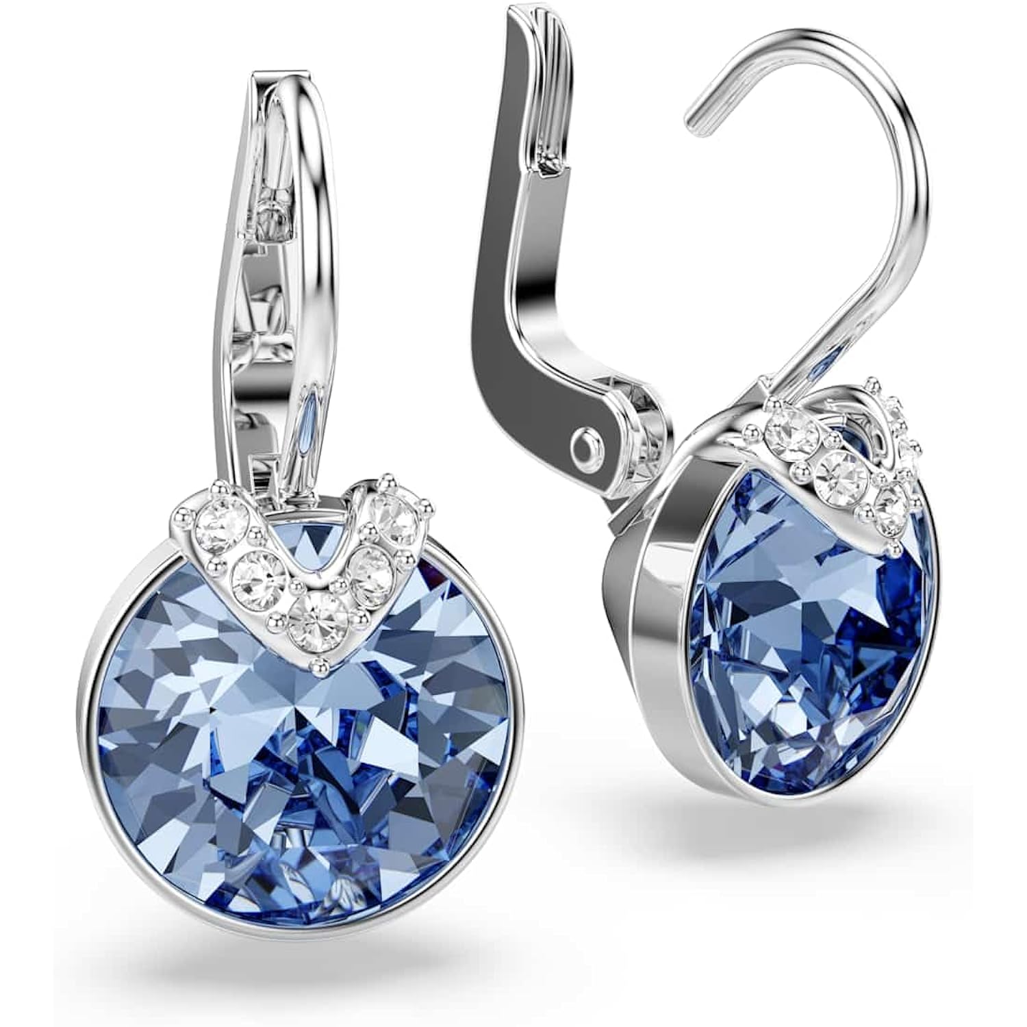 Swarovski Bella V drop earrings, Round cut, Blue, Rhodium finish