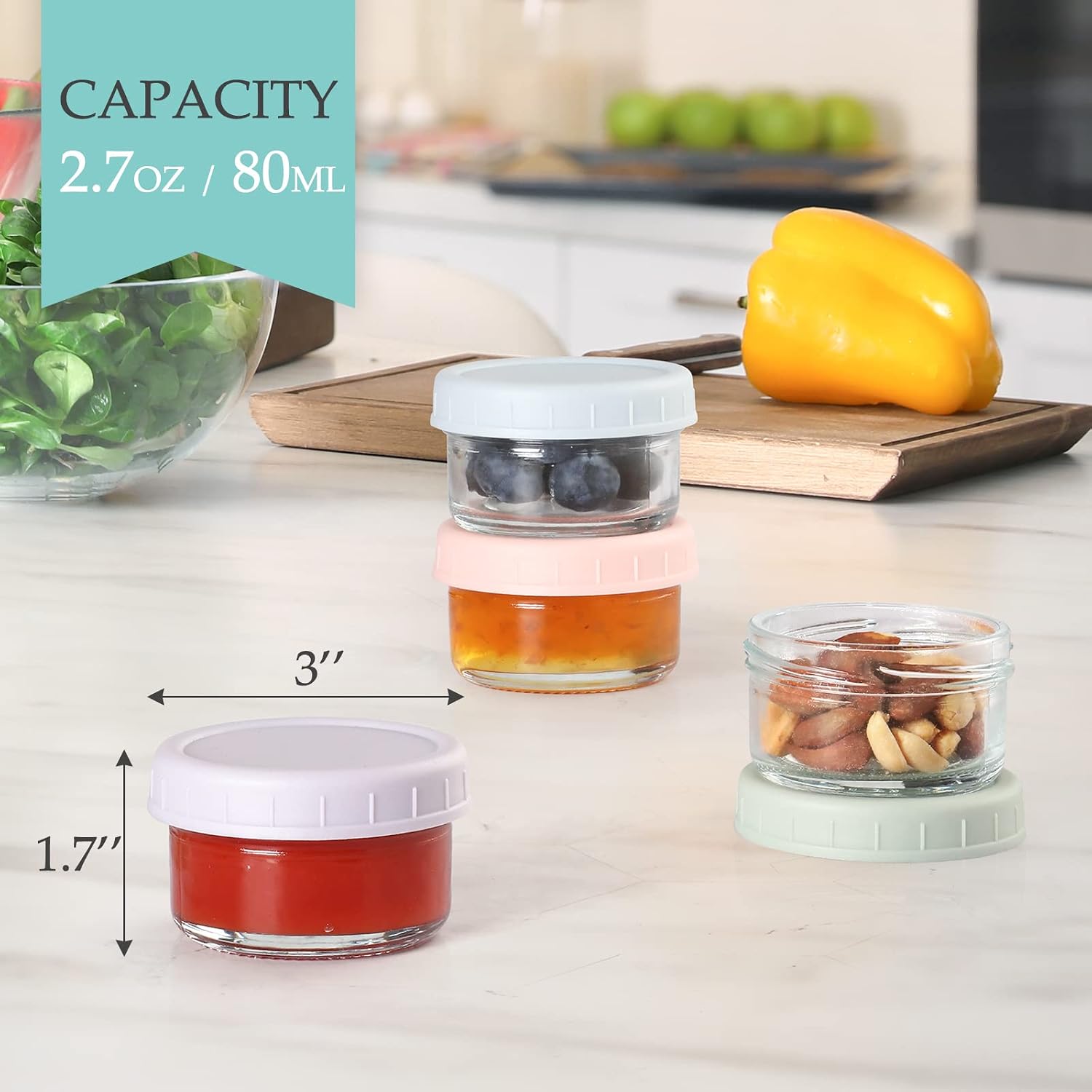 Vitever [6 Pack] Salad Dressing Container To Go, 2.7 Oz Glass Small Condiment With Lids, Dipping Sauce Cups Set, Leakproof Reusable For Lunch Box Work Trip.