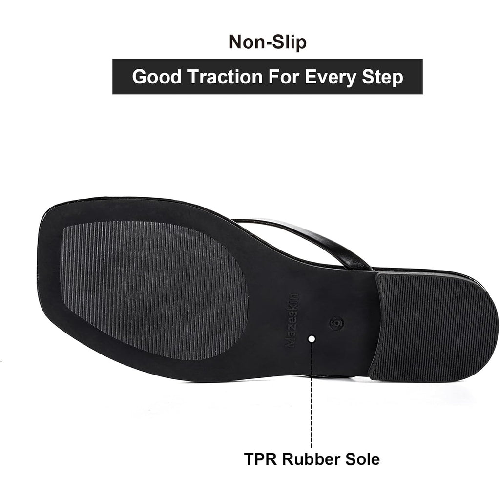 Mazeskin Womens Flip Flops Vegan Leather Memory Foam Square Toe Flat Sandals Summer Beach Slides