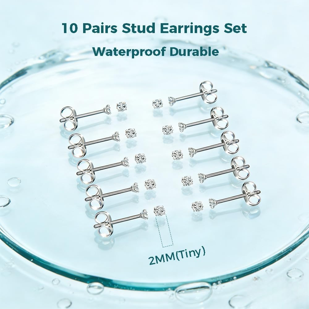 10 Pairs Small Stud Earrings for Women Precision-Cut Cubic Zirconia Earrings for Sensitive Ears Hypoallergenic Surgical Stainless Steel Tiny Stack Earrings for Multiple Piercing
