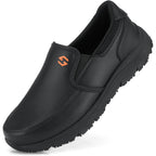 Hisea Non Slip Work Shoes For Men, Water & Oil Resistant Leather Slip On Kitchen Shoes, Comfortable Mens Slip Resistant Chef Shoes For Restaurant Food Service, Lightweight Walking Shoes, Black