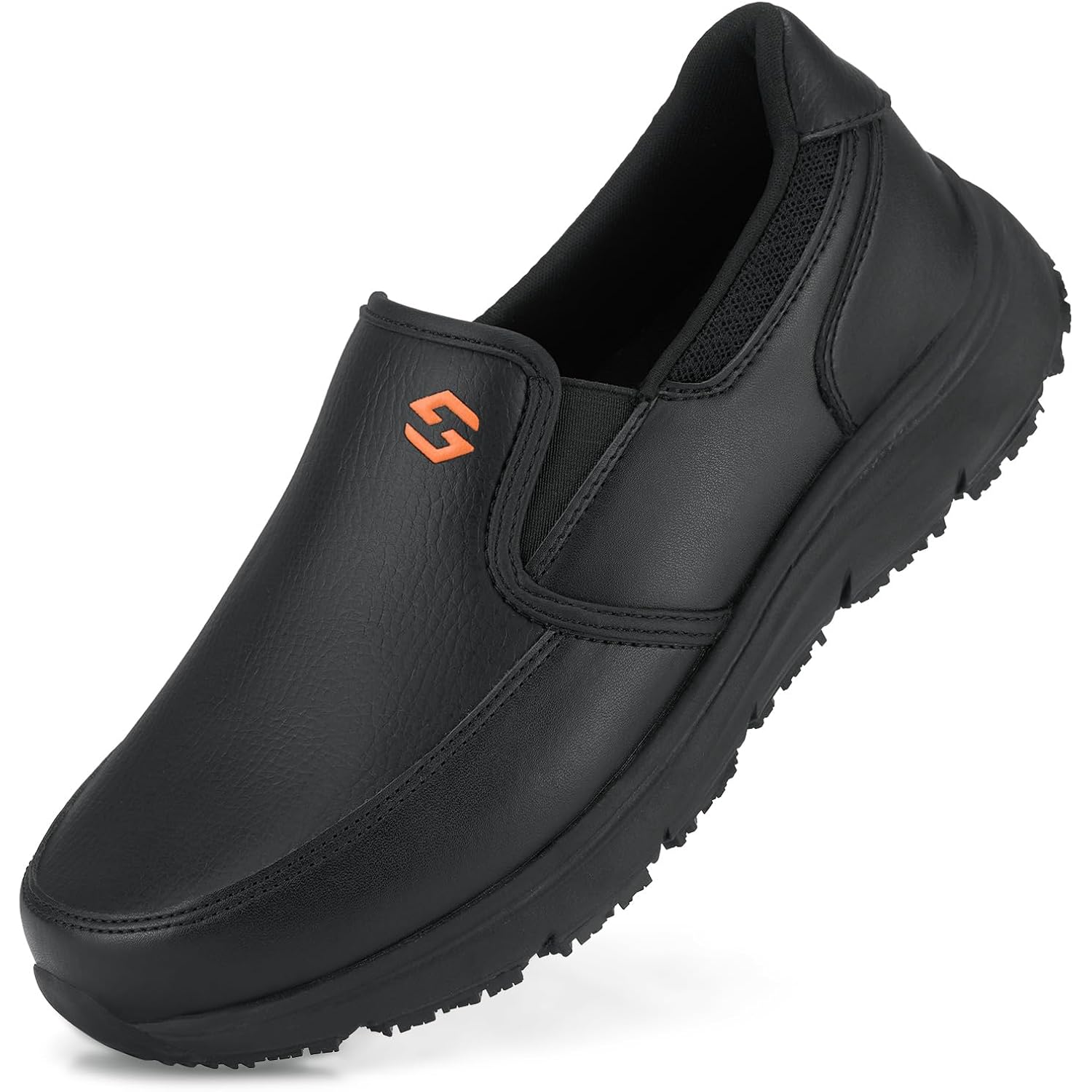 Hisea Non Slip Work Shoes For Men, Water & Oil Resistant Leather Slip On Kitchen Shoes, Comfortable Mens Slip Resistant Chef Shoes For Restaurant Food Service, Lightweight Walking Shoes, Black