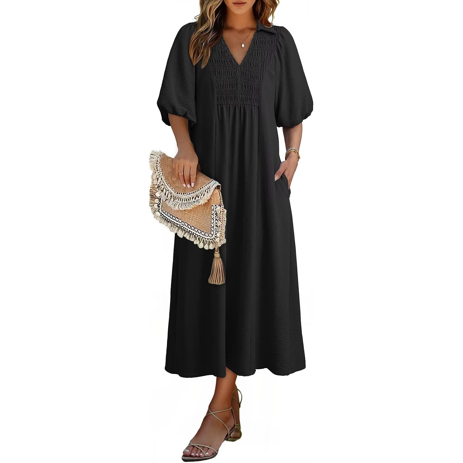 Dokotoo Summer Dresses For Women 2026 Casual Dresses V Neck Puff Sleeve Empire Waist A-Line Maxi Dress
