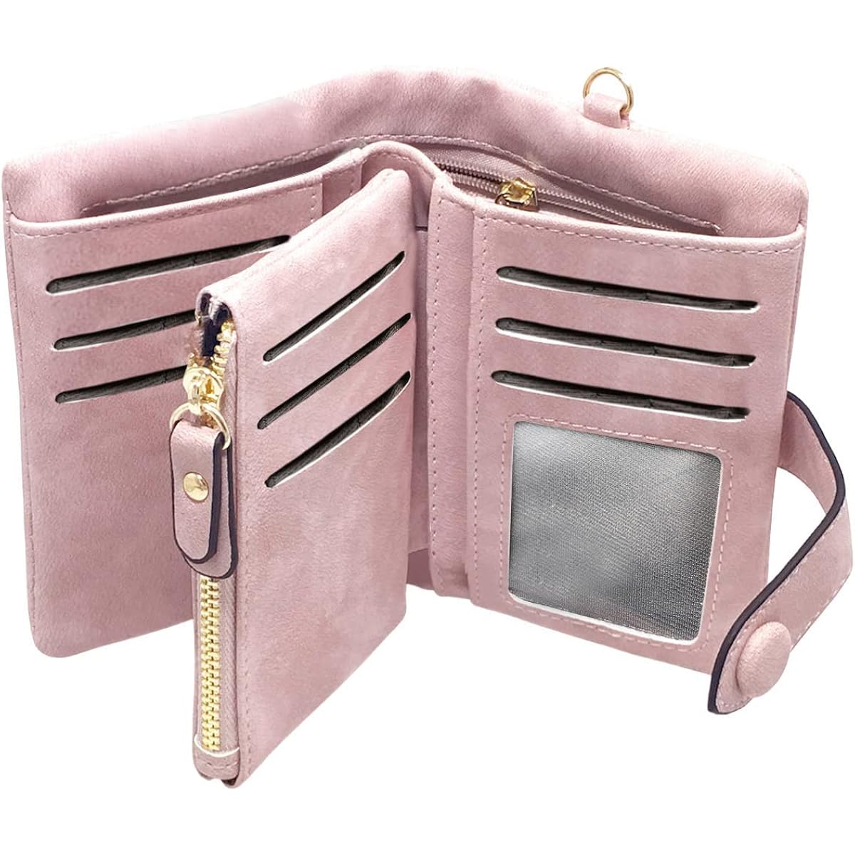 Topkull Bifold Small Rfid Soft Leather Ladies Trifold Wallets Billfolds Mini Wristlet Clutch Cute Zipper Coin Purse With Wrist Strap (Pink)