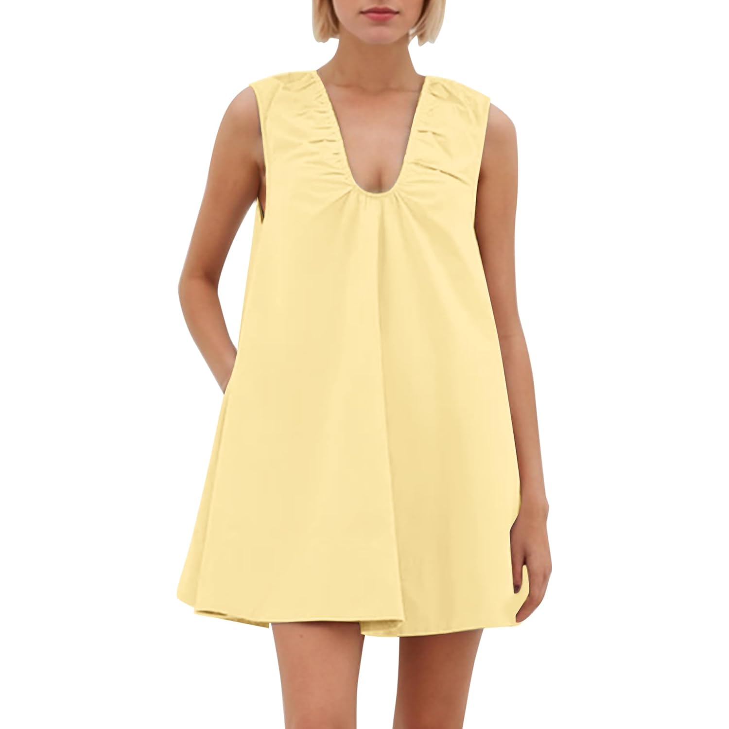 Women'S Sleeveless Babydoll Tank Mini Dress Scoop Neck Ruched Bubble Dress With Pockets Short Summer Party Dresses