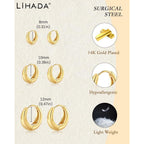 Surgical Steel Small Huggie Hoop Earrings for Women Set,14K Gold Plated Hypoallergenic Lightweight Earrings, Waterproof Non-Tarnish Circular Huggies for Multiple Piercings