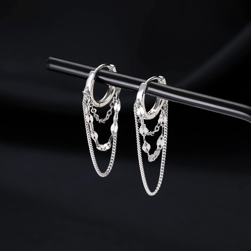 Reffeer Solid 925 Sterling Silver Chain Drop Earrings Hoop for Women Teens Hoop Earrings Tassel Chain Huggie Dangle Earrings