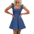 Utcoco Denim Dress For Women Ruffle Adjustable Strap Sleeveless Backless Babydoll Mini Jean Dresses