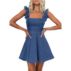 Utcoco Denim Dress For Women Ruffle Adjustable Strap Sleeveless Backless Babydoll Mini Jean Dresses
