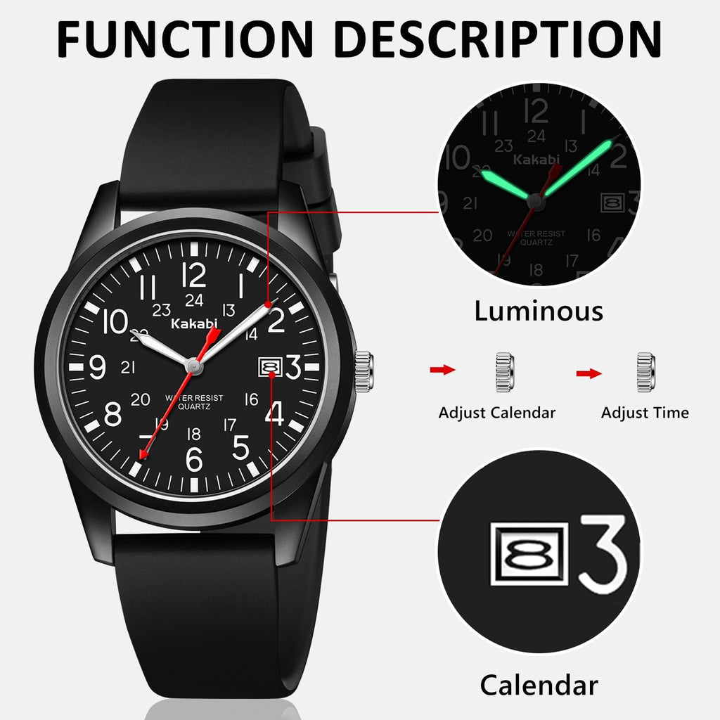 Men'S Easy To Read Watch, Unisex Military Sport Analog Quartz Casual Wristwatch With Comfortable Silicone Strap, 24 Hour Time, 30M Water Resistance