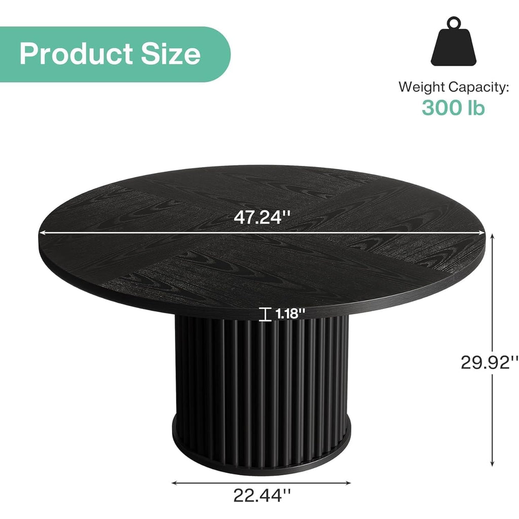Tribesigns 47.24-Inch Black Round Dining Table For 4-6 People, Modern Fluted Mdf + Metal Base Kitchen Table, Sturdy Circle Dining Room Furniture, Black