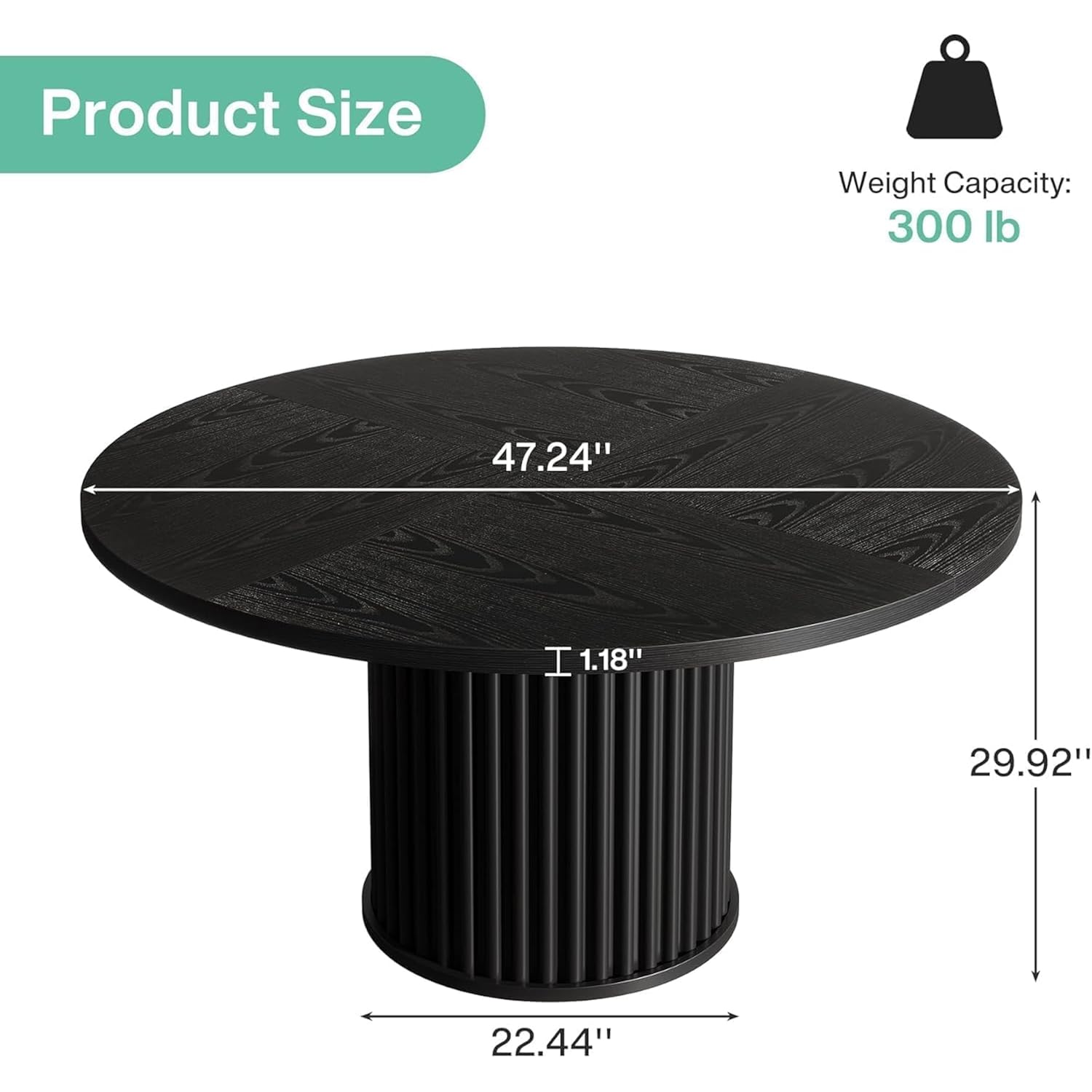 Tribesigns 47.24-Inch Black Round Dining Table For 4-6 People, Modern Fluted Mdf + Metal Base Kitchen Table, Sturdy Circle Dining Room Furniture, Black