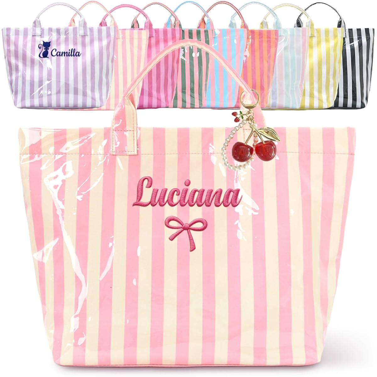 Personalized Striped PVC Tote Bag for Women w/ Name, Custom Waterproof Stylish Plastic Glossy Bag for Beach Pool Large Plaid Letters Print Hobo Handbag for Summer Vacation Travel, Girls Trip Gift