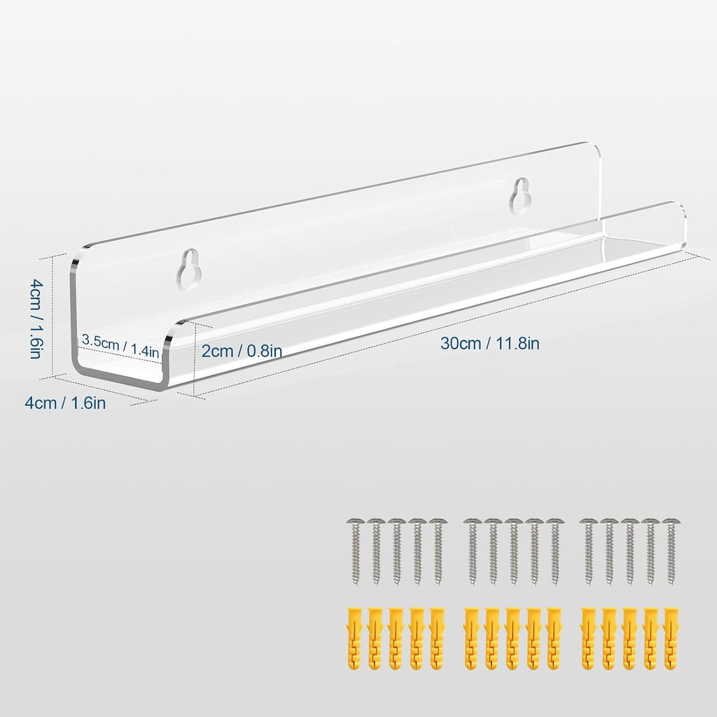 Vinyl Record Shelf Wall Mount, 6 Pack 12 Inch Clear Acrylic Album Record Holder Display, Kids Bookshelf, Floating Wall Shelves For Bathroom, Bedroom, Living Room, Kitchen (Clear-6Pcs)