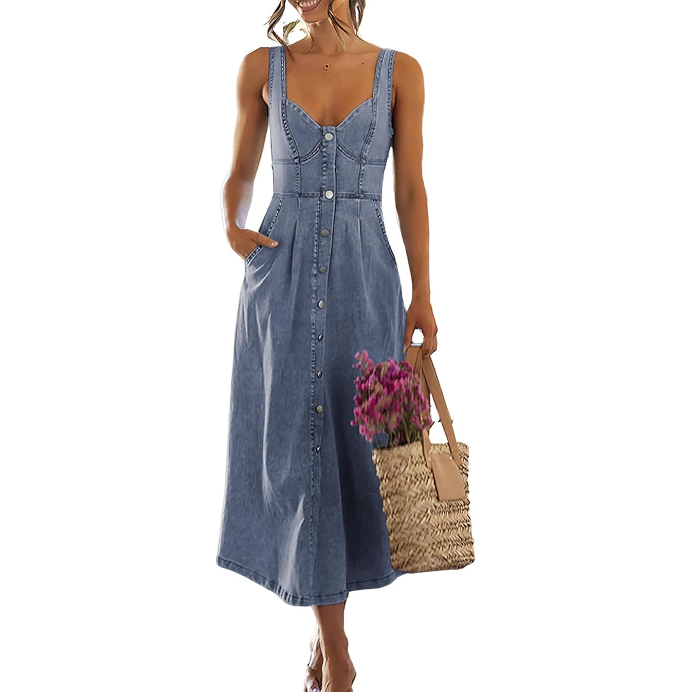 Ebossy Stretchy Smocked Denim Dress For Women Sleeveless Babydoll Button Down Midi Long Jean Dresses