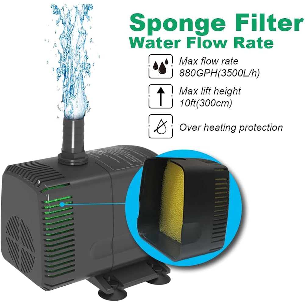 Submersible Pump 880Gph (3500L/H 60W) Ultra Quiet With Over Heating Protection 10.2Ft High Lift For Fountains, Hydroponics, Ponds, Aquariums & More…
