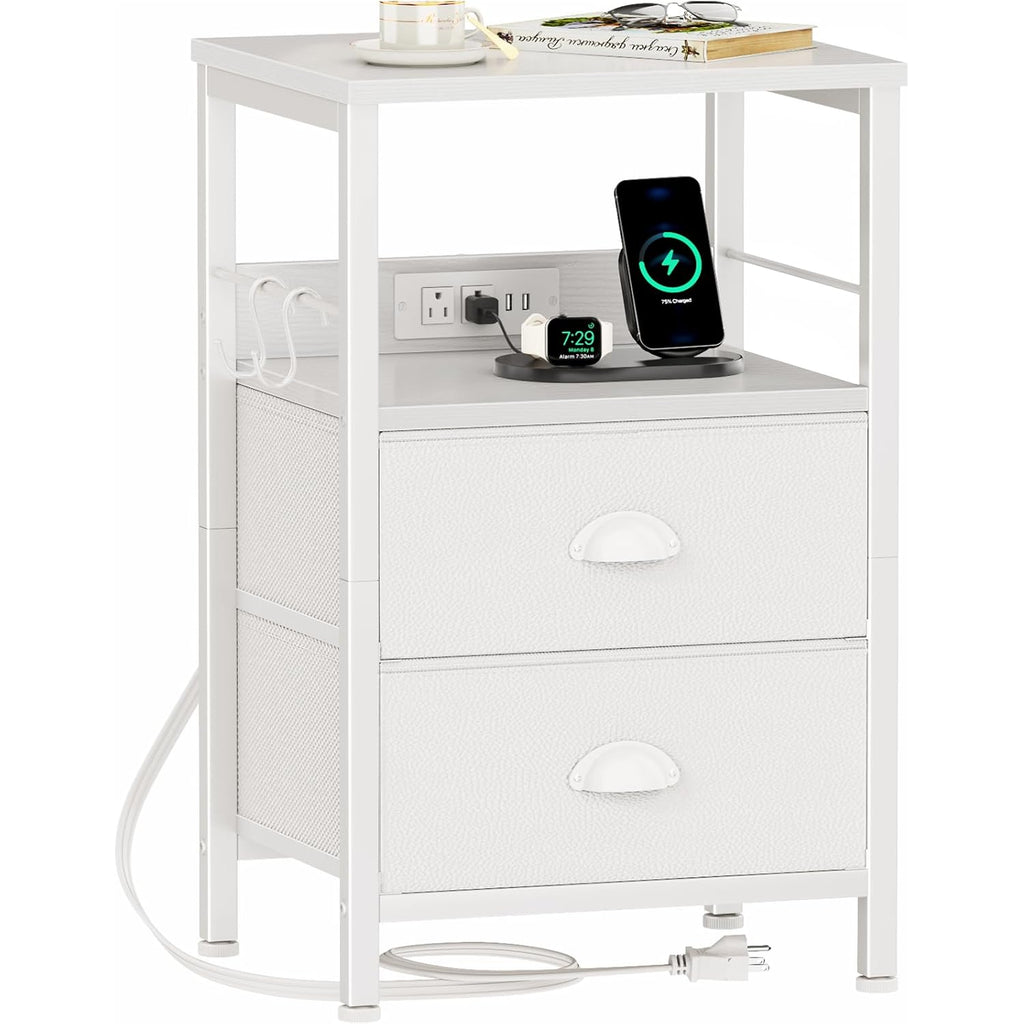 Furologee End Table with Charging Station, Nightstand with Fabric Drawers, Side Tables with USB Ports & Outlets, Night Stand with Storage Shelf & Hooks, for Living Room/Bedroom, White