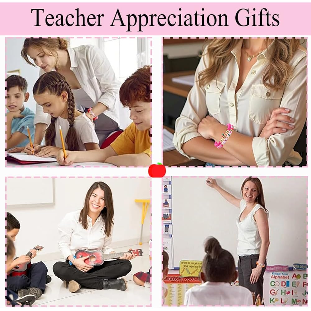 COLOYAN 18PCS Teacher Appreciation Gifts for Women Men, Teacher Gifts Wooden Beaded Bracelet elastic Clay Bracelet, Birthday Christmas Thanksgiving Thank You Gifts for Teachers