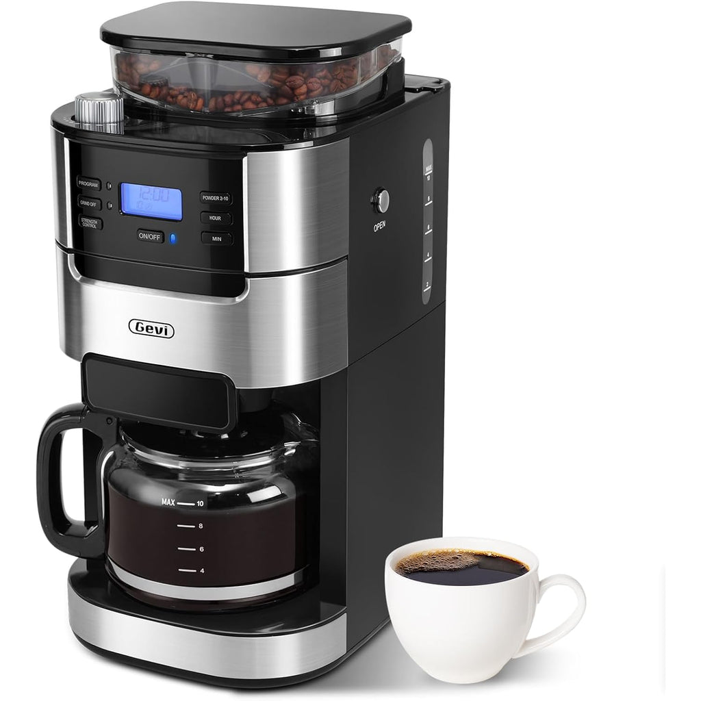 Gevi 10-Cup Drip Coffee Maker With Built-In Burr Grinder & Programmable Timer, 1.5L Water Tank, Auto Keep-Warm, Reusable Filter - Fresh Ground Coffee Machine (Black)
