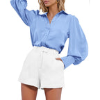 Btfbm Women Satin Blouses Summer Fall Clothes Button Down Lantern Long Sleeve Shirts Work Business Casual Dressy Tops