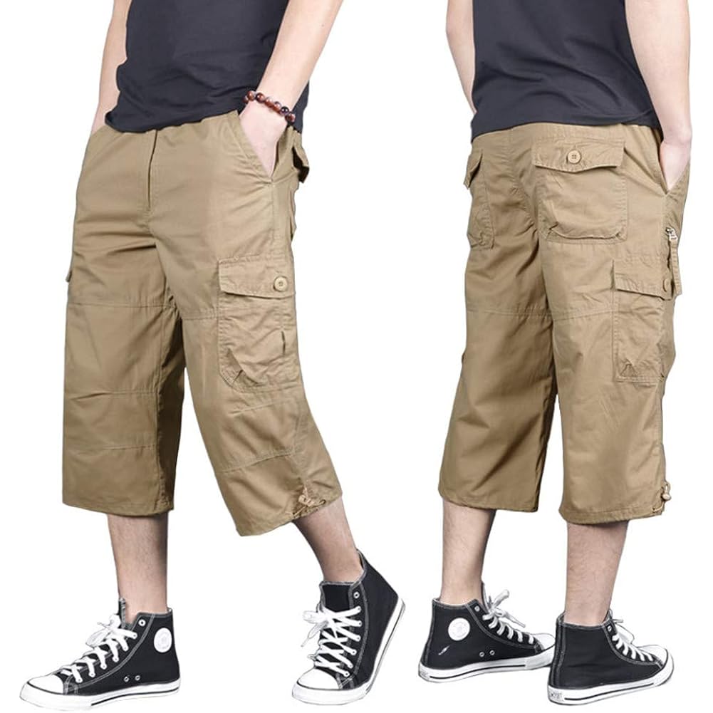 Magnivit Men'S Capri Long Elastic Cargo Shorts Below Knee Shorts 3/4 Cotton Cargo Casual Shorts With Multi-Pockets