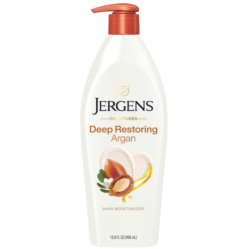 Jergens Deep Restoring Argan Oil Moisturizer, Soothing Body And Hand Lotion With Reviving Argan Oil And Vitamin E, Oil-Infused, Dermatologist Tested, 16.8 Oz