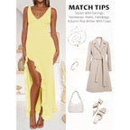 Women Sexy V Neck Sleeveless Mesh Ruffle Hem Bodycon Maxi Casual Backless High Slit Cocktail Party Dress