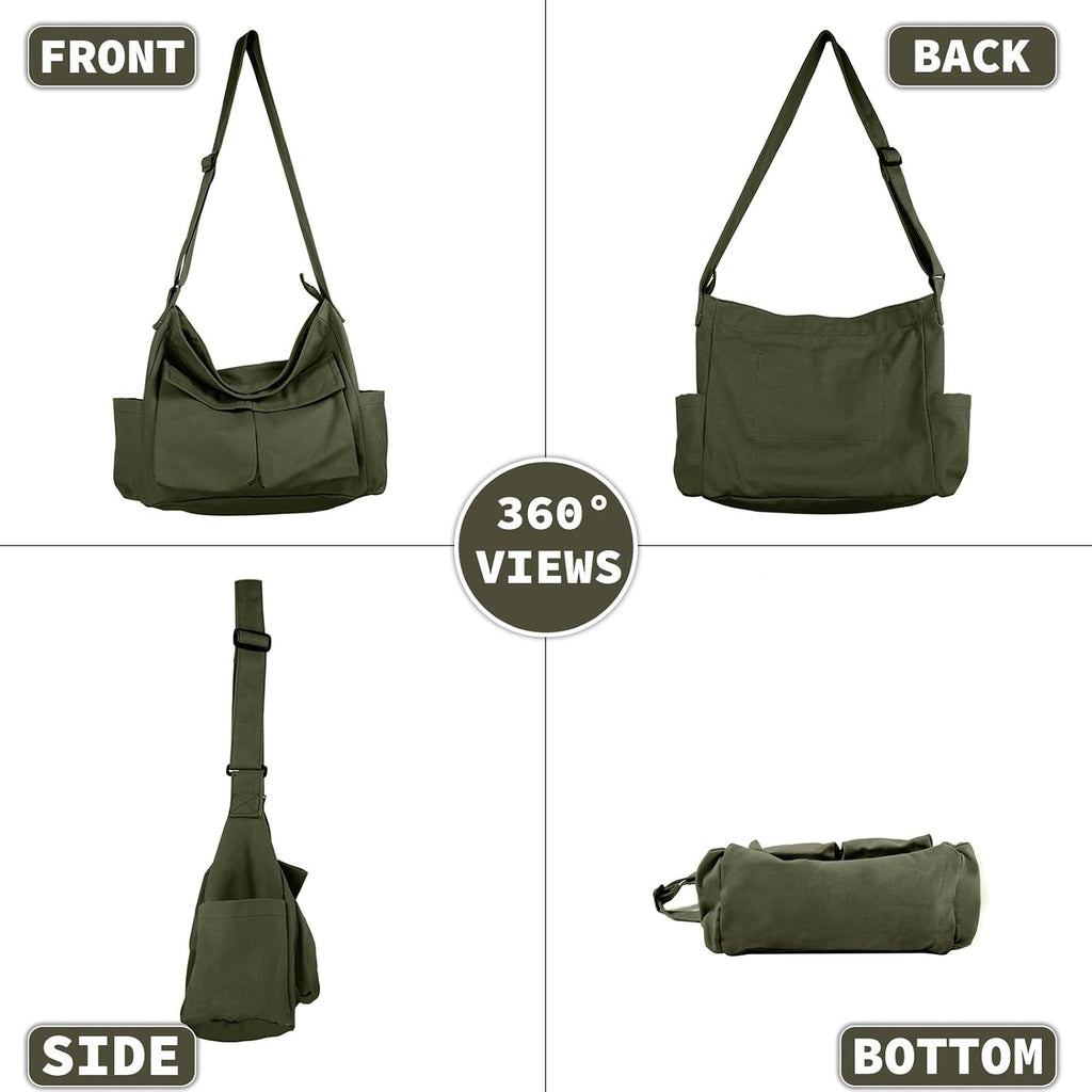 Canvas Messenger Bag Large Hobo Crossbody Bag With Multiple Pockets Casual Shoulder Tote Bag For Women And Men