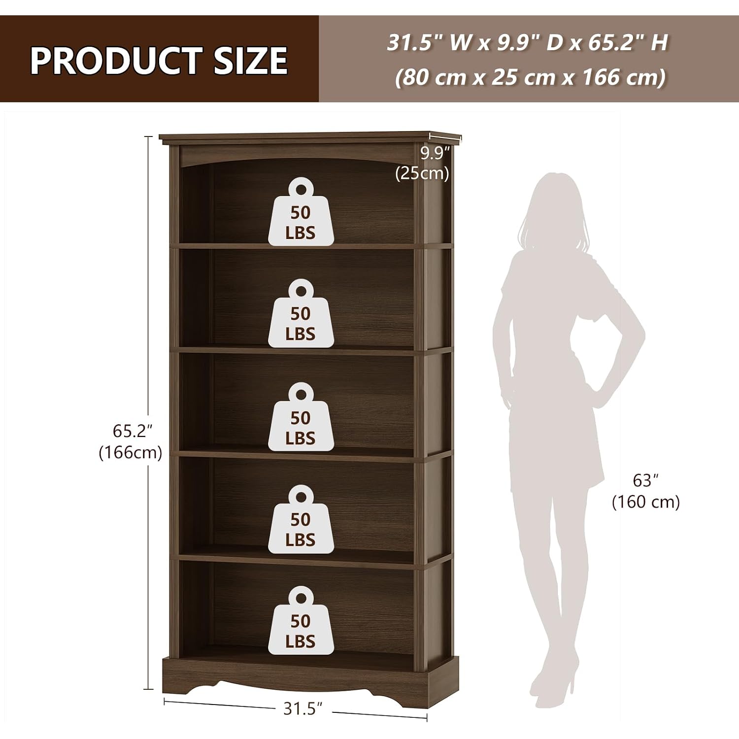 Tvu 5-Tier Wooden Bookshelf, 31.5" W X 65" H ×9.9" D Bookshelf With Storage, Floor Standing Modern Style Display Bookcase For Living Room, Office, Study Room, Entryway, Brown