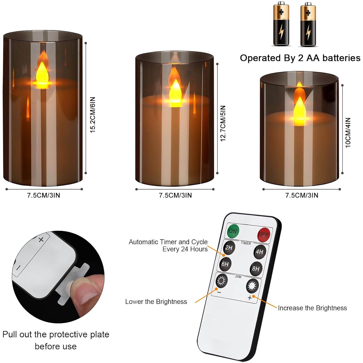 wemarry Flameless Candles 4" 5" 6" Acrylic Glass Pillars 3" Diameter Battery Operated Flickering Candles Include 8-Key Remote with Timer Function 400+ Hours (Gray, Warm Light 3 Pack)