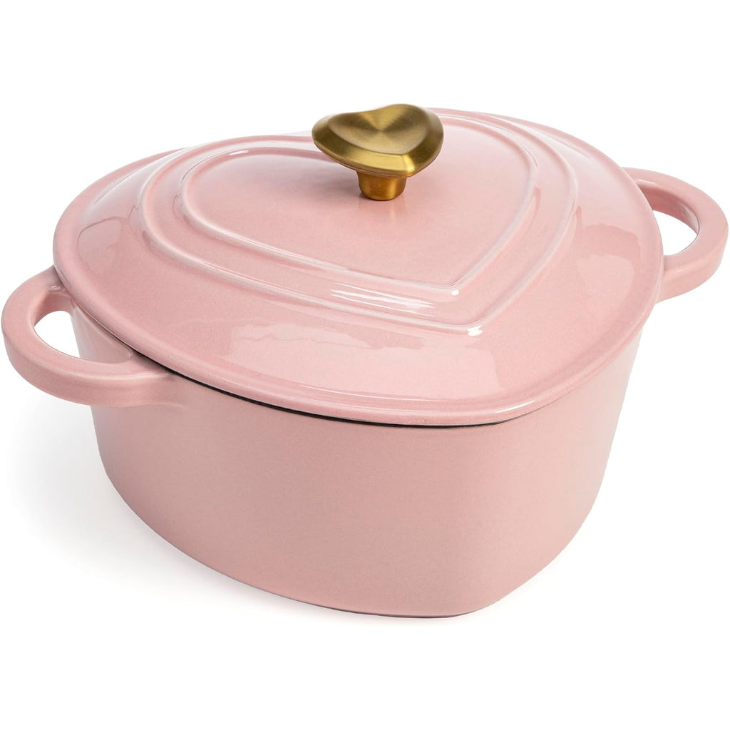 Paris Hilton Enameled Cast Iron Dutch Oven Heart-Shaped Pot with Lid, Dual Handles, Works on All Stovetops, Oven Safe to 500°F, 2-Quart, Pink