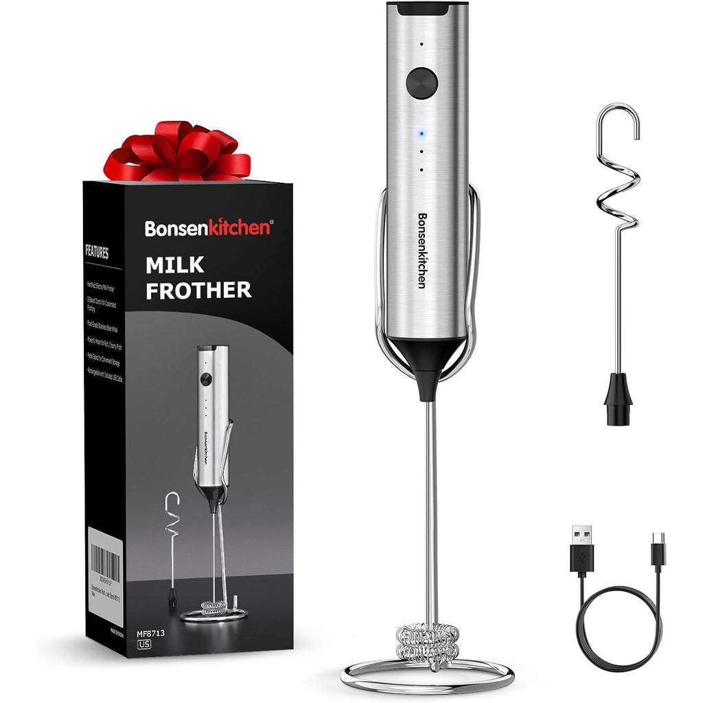 Bonsenkitchen Rechargeable Milk Frother With Stand, 3-Speed Handheld Coffee Frother, Dual Spring Whisk Electric Hand Frother Wand Drink Mixer For Lattes Cappuccino Protein, Kitchen Gifts