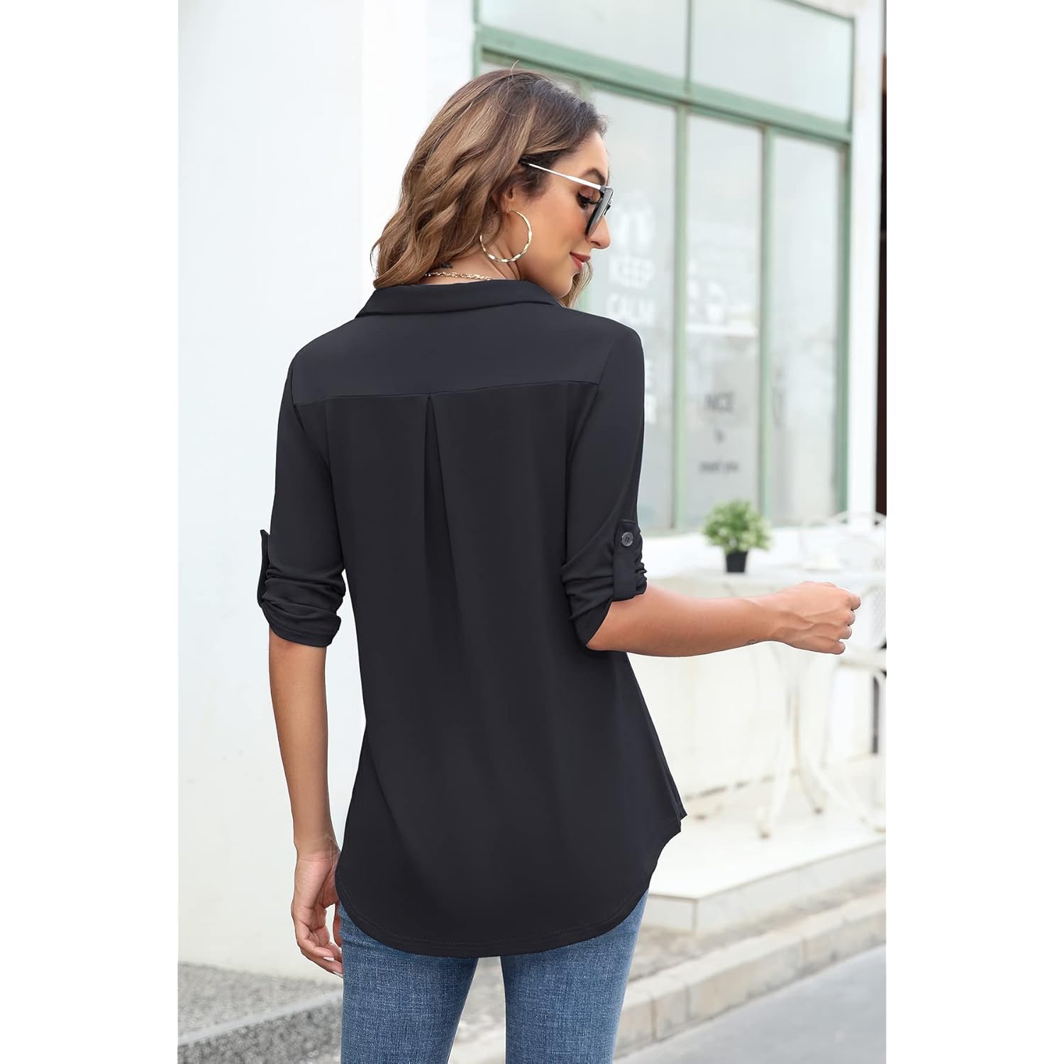 Women's 3/4 Sleeve Collared Blouses Business Casual Tops Zip Front V Neck Work Shirts Loose Fit Tunic Tops