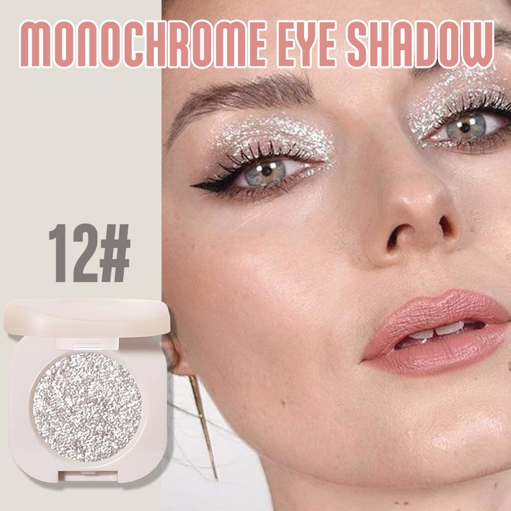 FeiCuiYun Glitter Shimmer Sparkle Eyeshadow Palette Makeup for Older Women, Silver Glitter Shimmer Metallic Holographic Multichrome Cream Iridescent Single Monochrome Eye Shadow Makeup, 12
