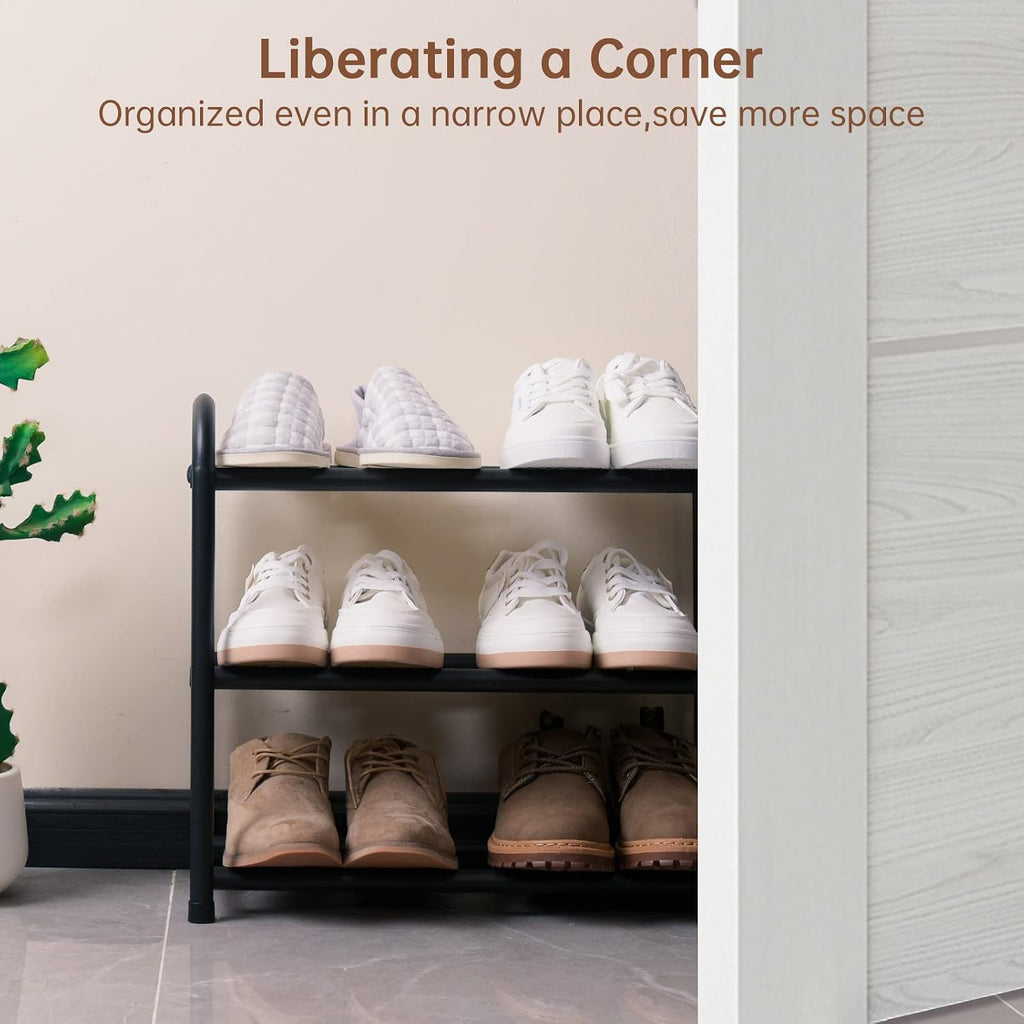 Gonfoam Expandable 3-Tier Shoe Rack For Closet And Entryway, Black | Tool-Free Assembly, Metal Material, Adjustable Shoe Organizer, Sturdy, Small Space Solution, Dorms, Garages, Apartments.