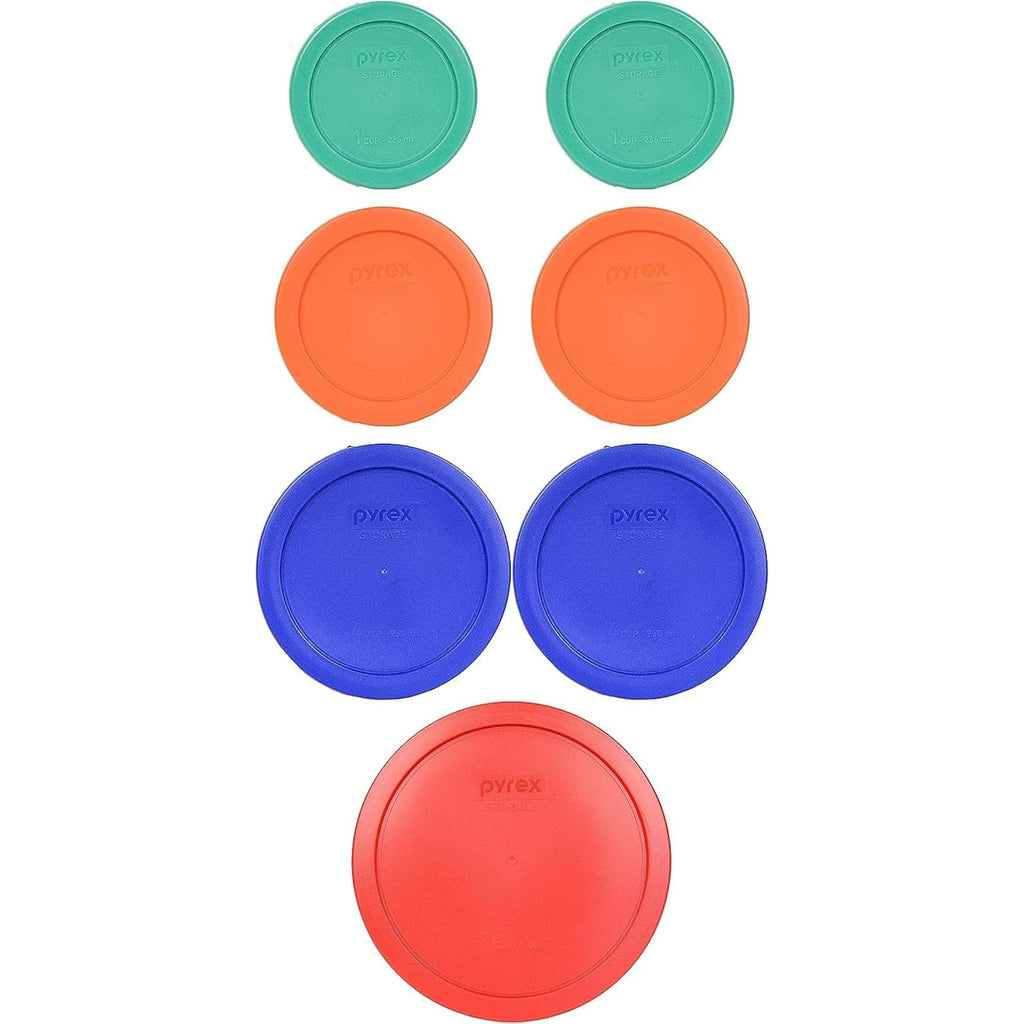 Pyrex (2) 7202-PC Green, (2) 7200-PC Orange, (2) 7201-PC Cobalt Blue, (1) 7402-PC Red Food Storage Lids - Made in USA