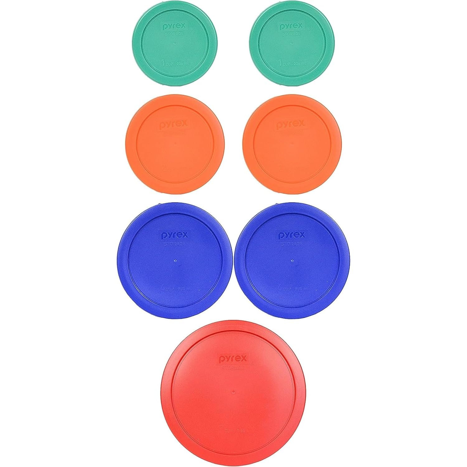 Pyrex (2) 7202-PC Green, (2) 7200-PC Orange, (2) 7201-PC Cobalt Blue, (1) 7402-PC Red Food Storage Lids - Made in USA