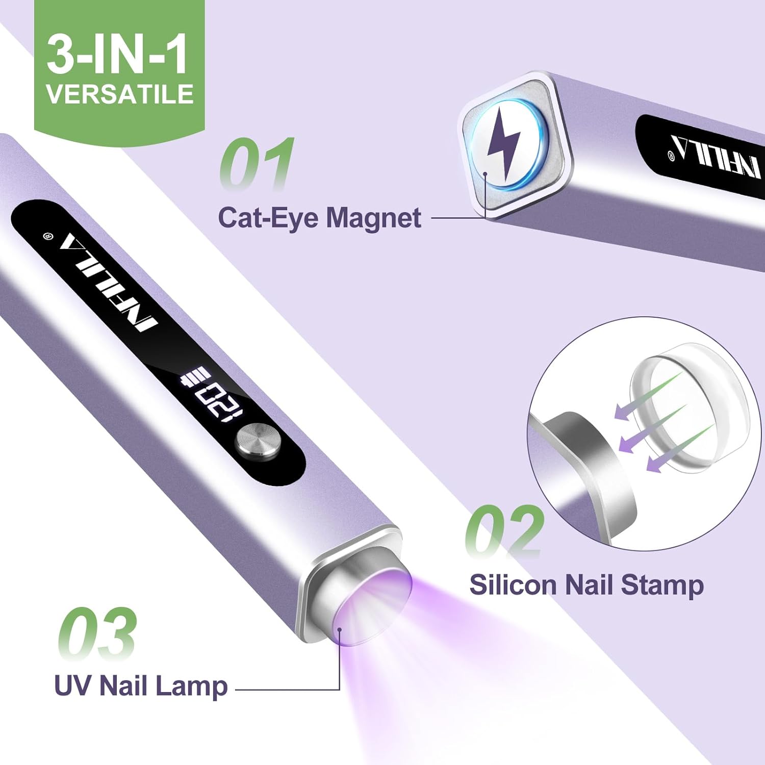 NXJ INFILILA Multi-Functional Handheld UV Light for Gel Nails with Cat Eye Magnet - Portable Flash Cure Nail Lamp for French Manicures, Detail Work, Type-C Cordless for Travel & Home Use(Purple)