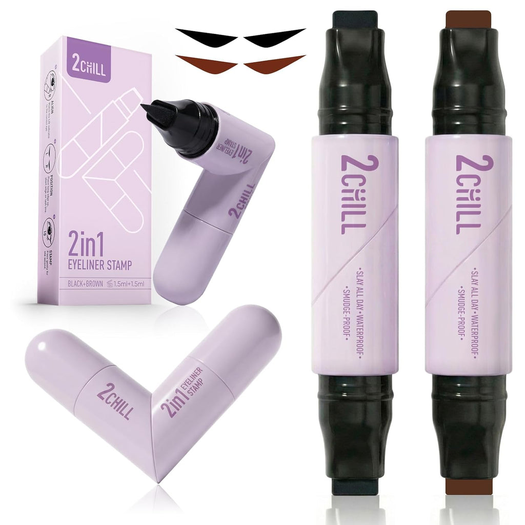 2Chill 2-Pack Rotating Eyeliner Stamp Pen, Dual-Ended Winged Eyeliner Stamp, Cat Eye Tool, Waterproof & Smudge-Proof, Long-Lasting Make Up, Matte Finish, Liquid Eyeliner For Beginners, Black & Brown