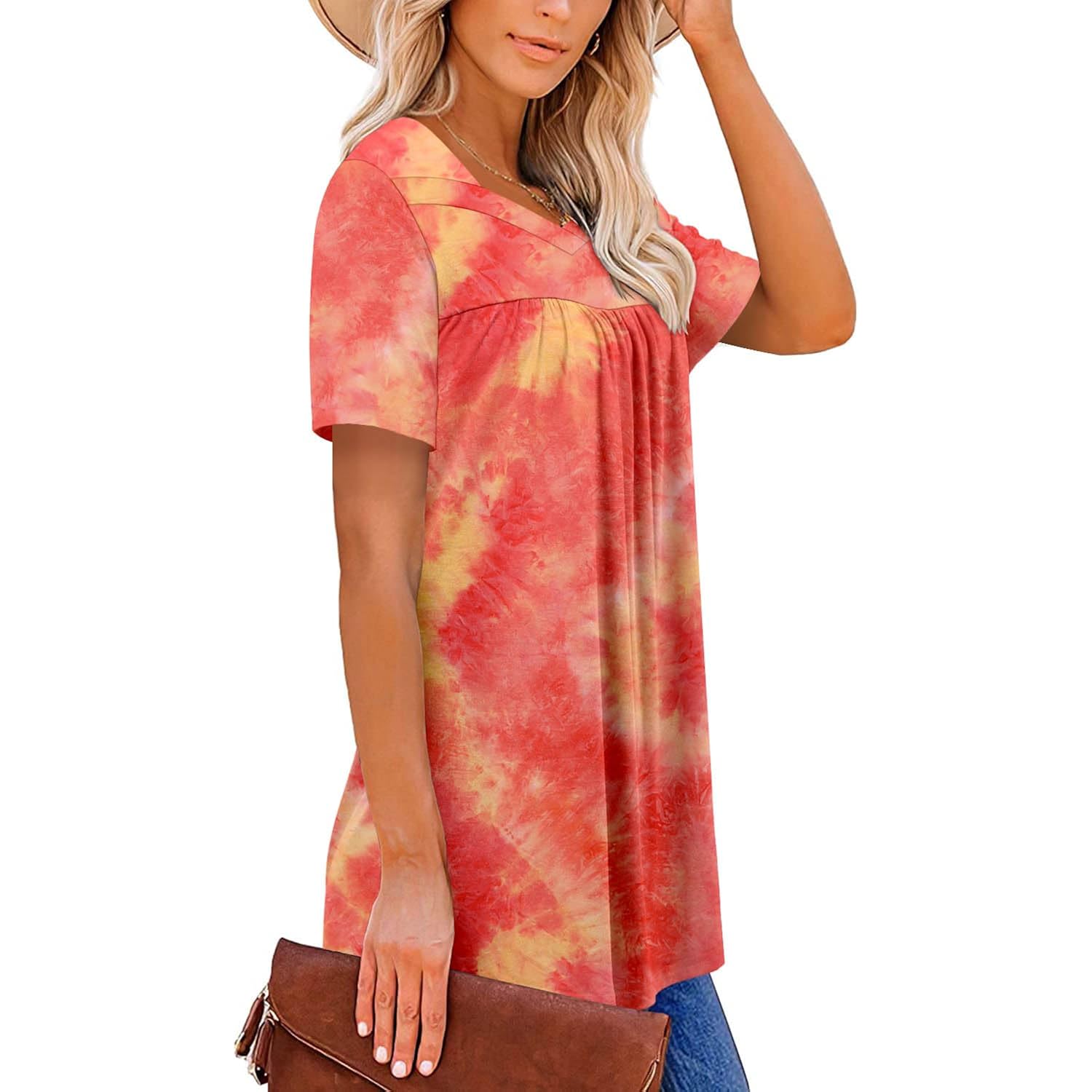 Womens Plus Size Short Sleeve Boho Tops Trendy Shirts Loose Fit Blouse Summer Tunic Top for Women S-3XL