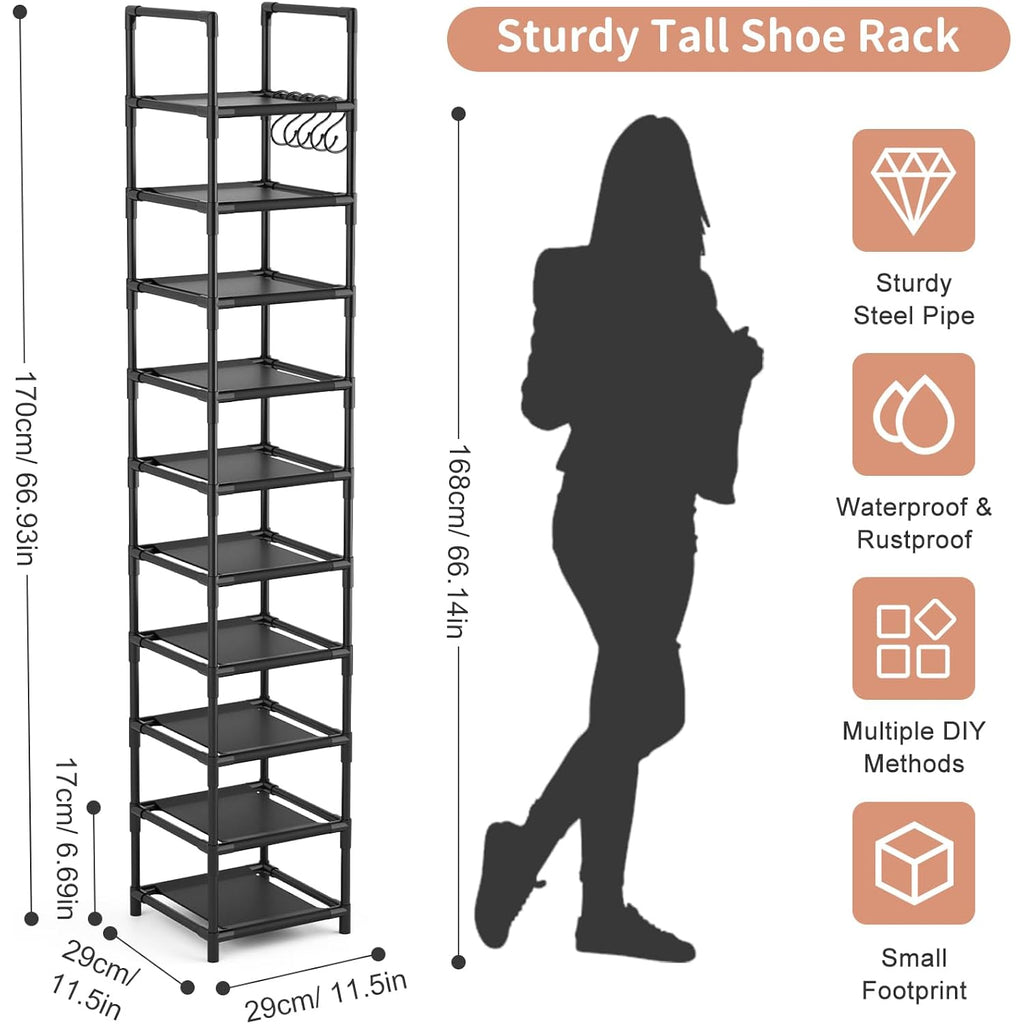 Tall Narrow Shoe Rack For Entryway, 10-Tier Sturdy Metal Shoe Shelf Storage 10-15 Pairs Of Shoes And Boots, Space Saving Corner Shoe Rack Organizer For Closet,Doorway,Garage,Living Room