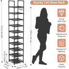 Tall Narrow Shoe Rack For Entryway, 10-Tier Sturdy Metal Shoe Shelf Storage 10-15 Pairs Of Shoes And Boots, Space Saving Corner Shoe Rack Organizer For Closet,Doorway,Garage,Living Room