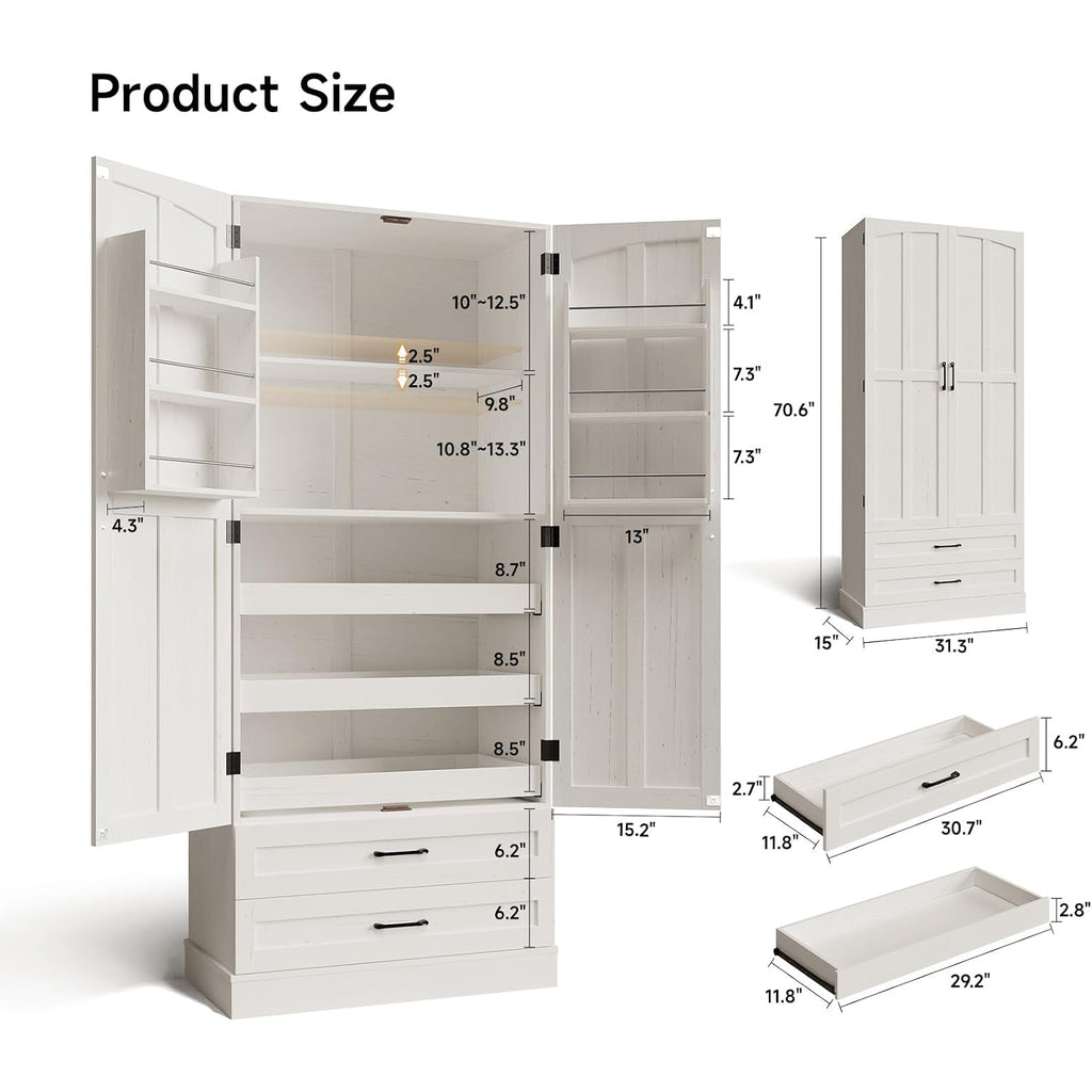71" Tall Farmhouse Kitchen Pantry Cabinet With 3 Pull Out Shelves & 2 Large Drawers, Pantry Storage Cabinet With 6 Door Shelf & Adjustable Shelf, Freestanding Cupboard For Kitchen, Dining Room