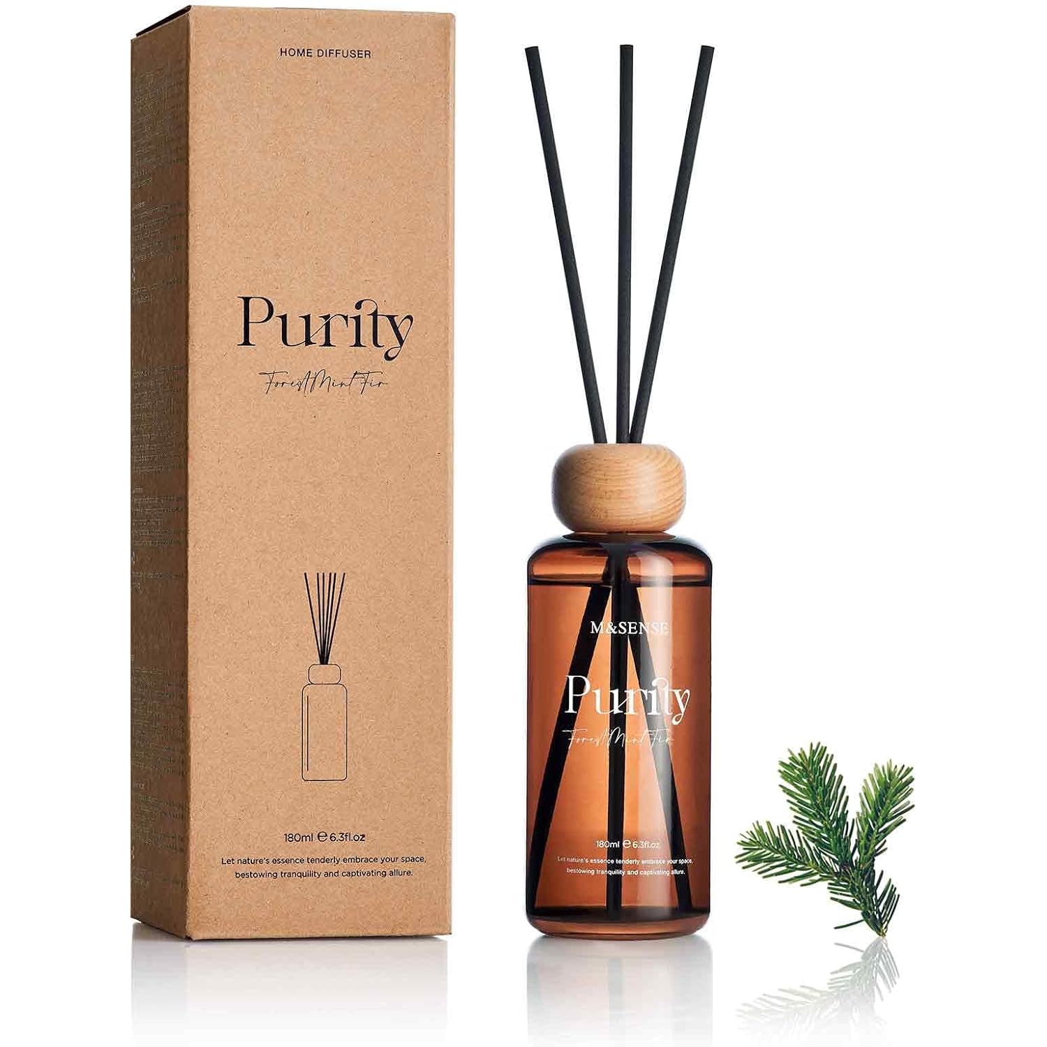 M&Sense Reed Diffuser Set, Forest Mint Fir Scented 6.3 Fl Oz Natural Essential Oil Diffusers With Sticks, Non-Toxic Organic Air Freshener, Long-Lasting Fragrance Oils For Home Office Bathroom Bedroom