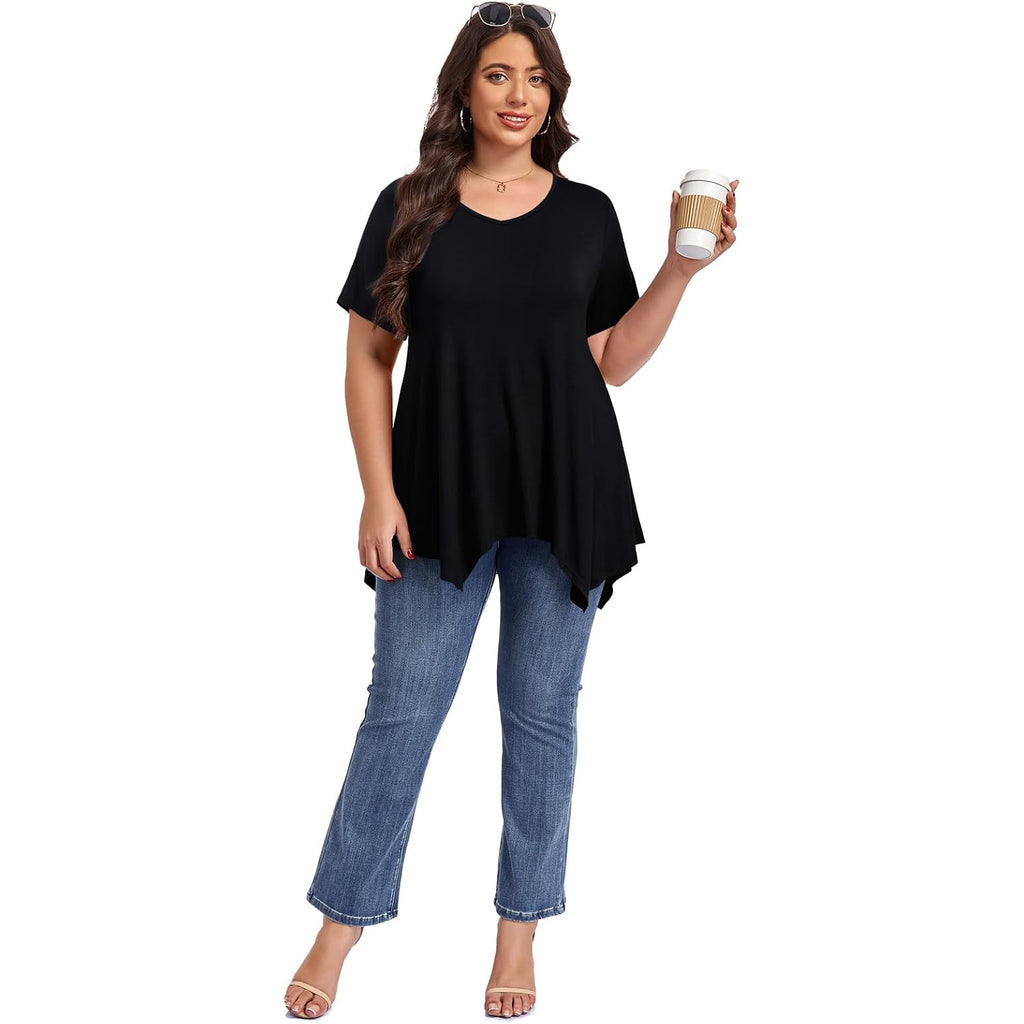 LARACE Plus Size Tops for Womens Summer Clothes Short Sleeve Shirts Casual V Neck Tunic Asymmetrical Blouses