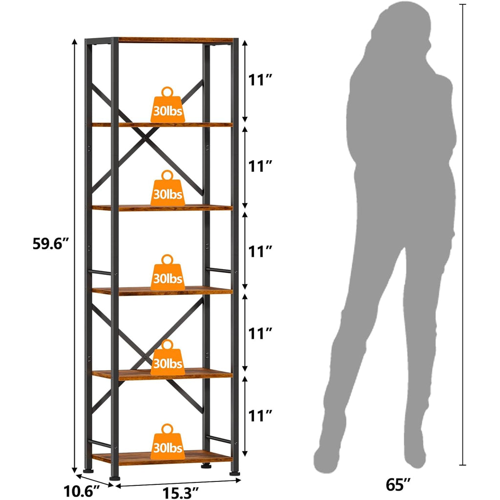 Furologee 6 Tier Tall Bookshelf, Industrial Narrow Bookcase, Display Standing Shelf Units, Metal And Wood Storage Rack Organizer For Living Room, Home Office, Entryway, Kitchen, Rustic Brown