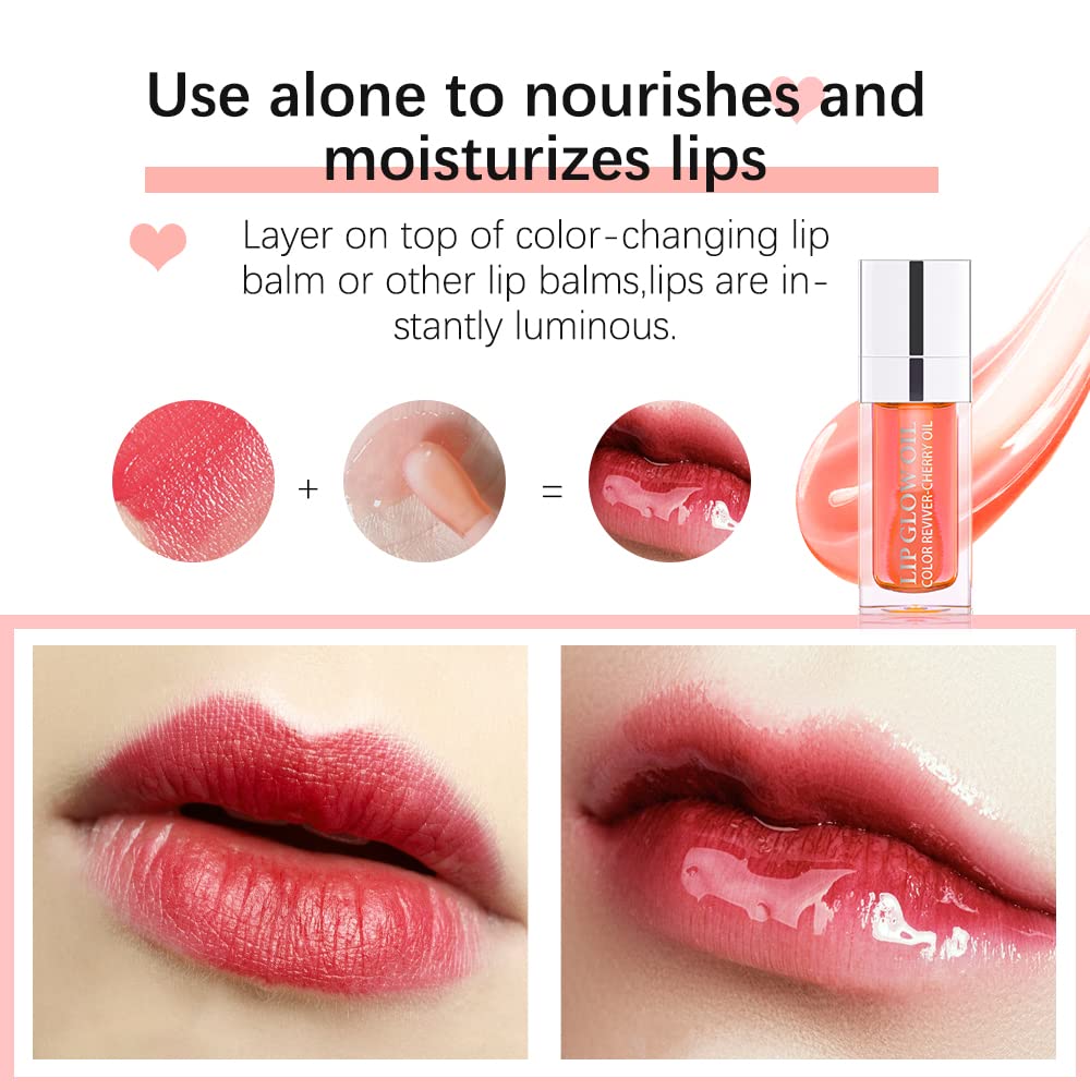 GECOMO Hydrating Lip Glow Oil, Lip Oil Gloss Transparent Toot Tinted Nourishing Long Lasting Repairing Lightening Lip Lines (CHERRY) 0.2 OZ