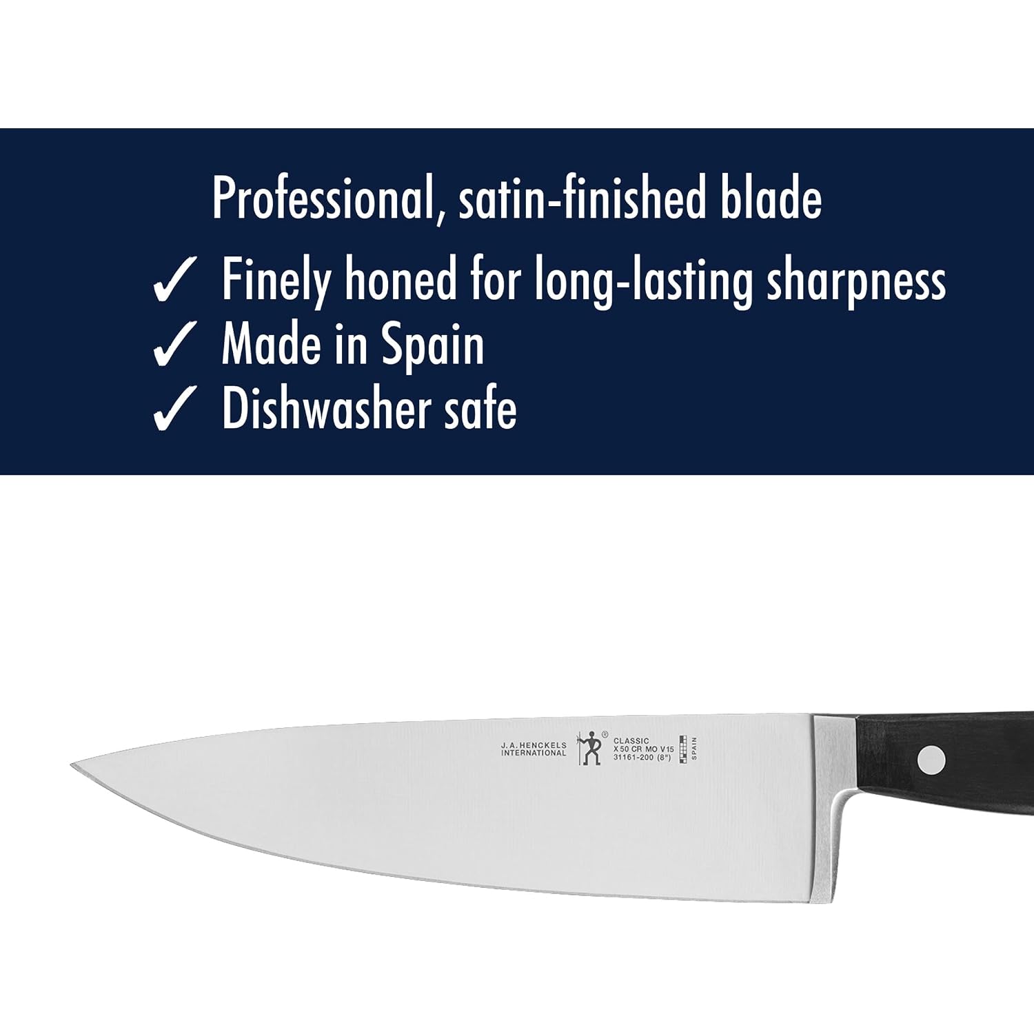 Henckels Classic 8-Inch Chef Knife, Razor-Sharp, German Engineered | Fully Forged Construction Provides Balance With Traditional Triple-Rivet Handles Enables Comfortable Easy Cutting.