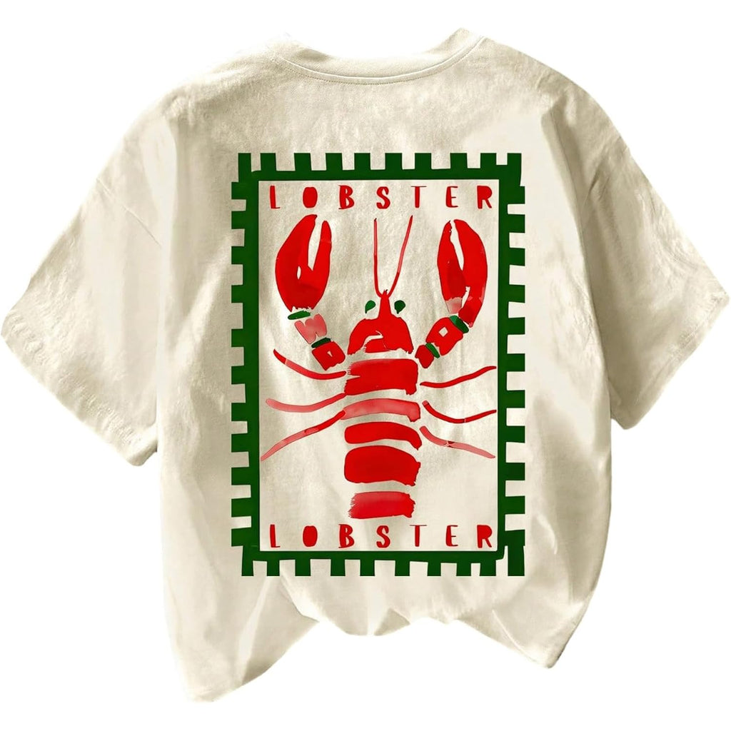 Verdusa Women's Summer Lobster Funny Shirts Drop Shoulder Graphic Tees Cute Shirts Beige