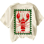 Verdusa Women's Summer Lobster Funny Shirts Drop Shoulder Graphic Tees Cute Shirts Beige